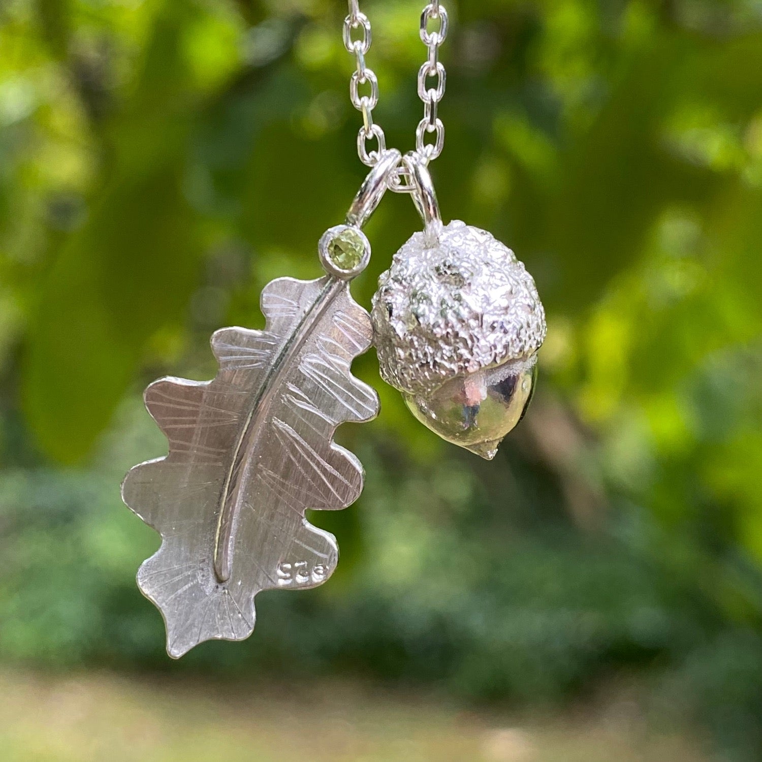 Silver Oak Leaf with Peridot and Silver Acorn Pendant