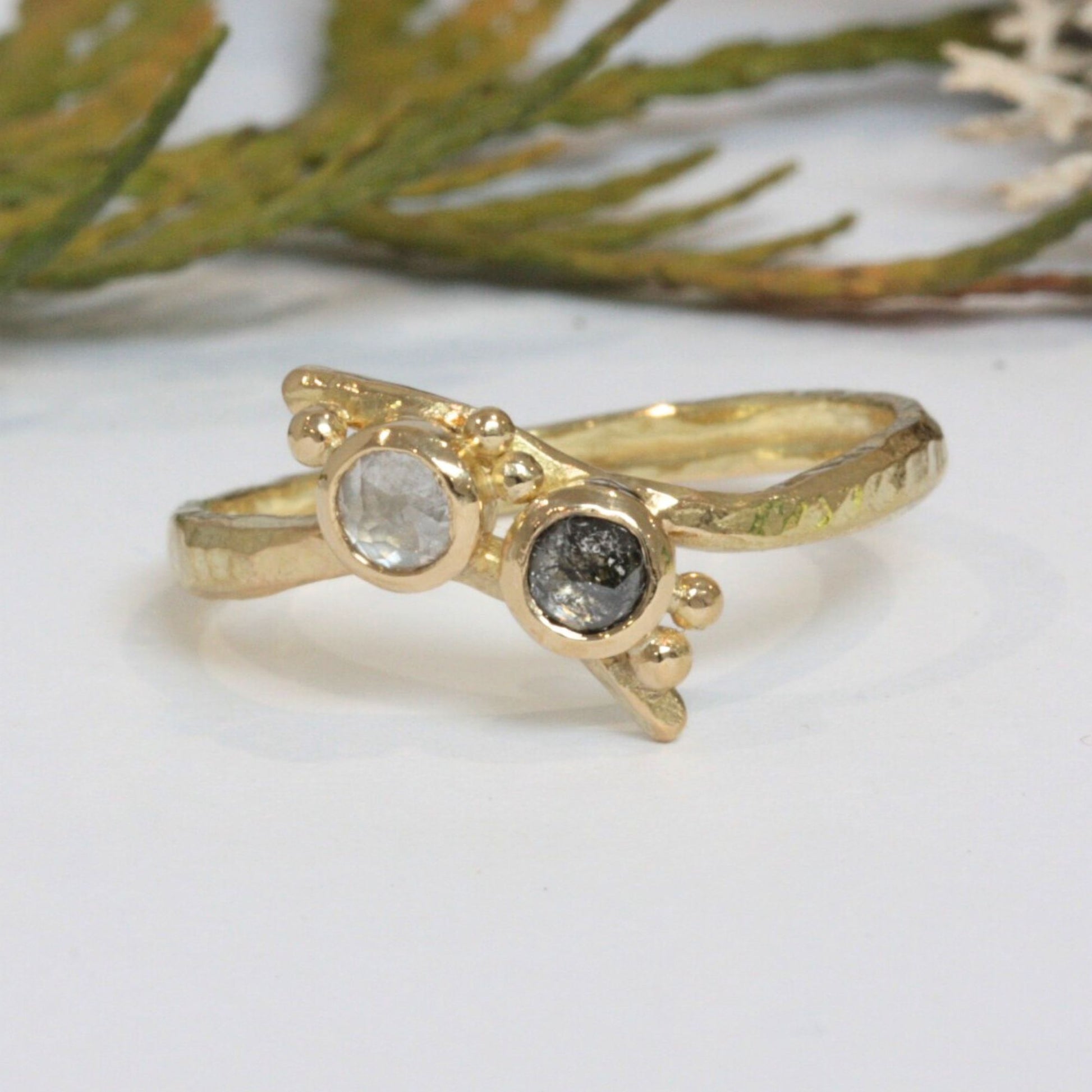 Toi et Moi black and white natural rose cut diamond Engagement Ring, 18 carat hammered gold alternative engagement ring.