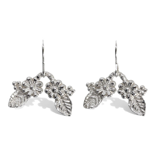 silver drop flower and leaf earrings.