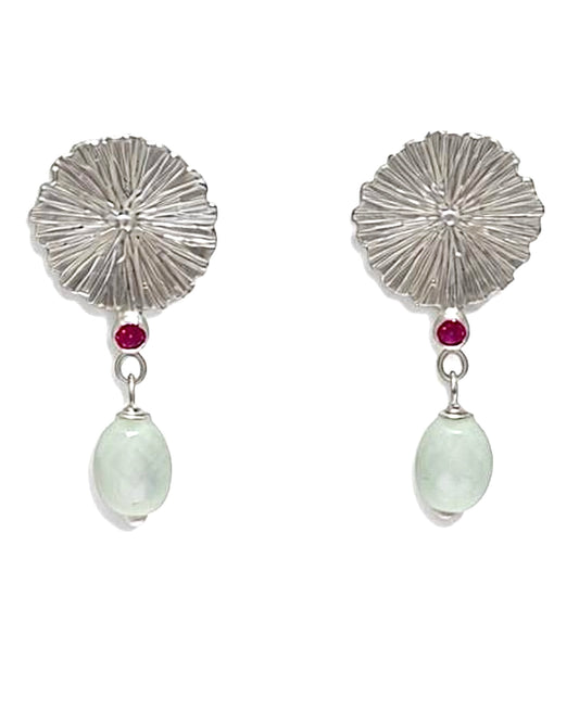 Sunburst Silver Earrings with Ruby Accents and Prehnite Drops