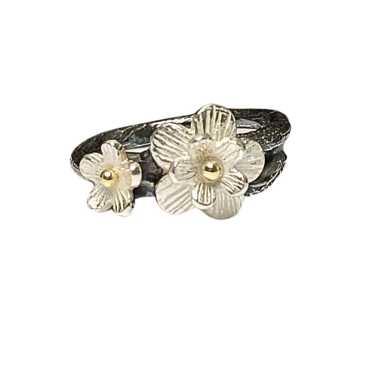 Silver and 18ct gold cherry blossom ring floral ring. Oxidised Silver and Gold Flower Ring.