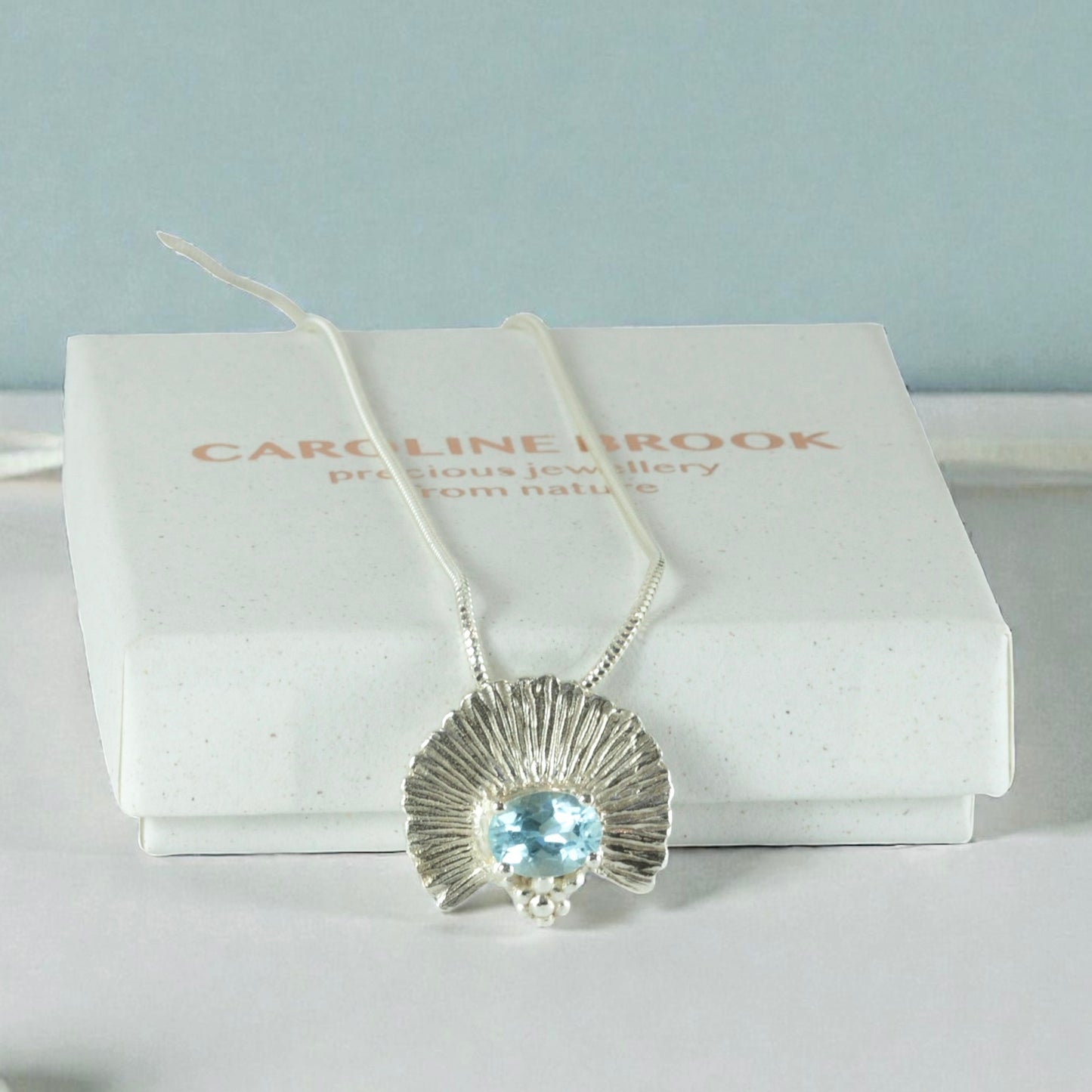 Silver necklace with a blue gemstone on a white box with 'Caroline Brook' branding.