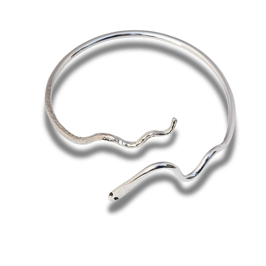 Handmade snake design open bangle in hallmarked solid sterling silver.