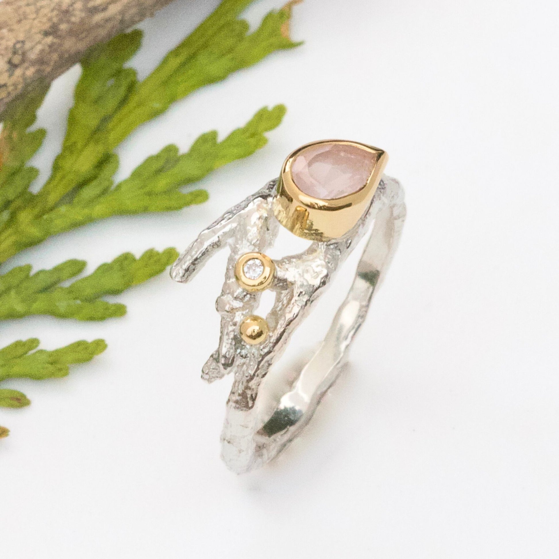 rose quartz elvish twig ring