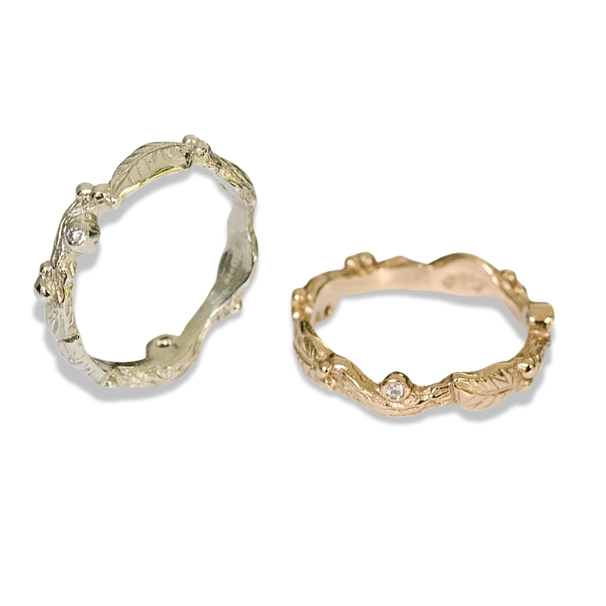 Nature inspired 9ct gold leaf ring, a carved woodland ring with twigs, leaves and berries and studded with champagne, white and salt and pepper natural diamonds. For nature lovers and woodland weddings.