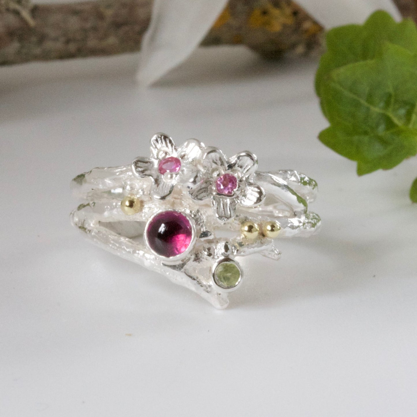 In the Pink, Enchanted Wood Twig Ring-Gemstone Mixed Metal Ring-Pink Sapphire