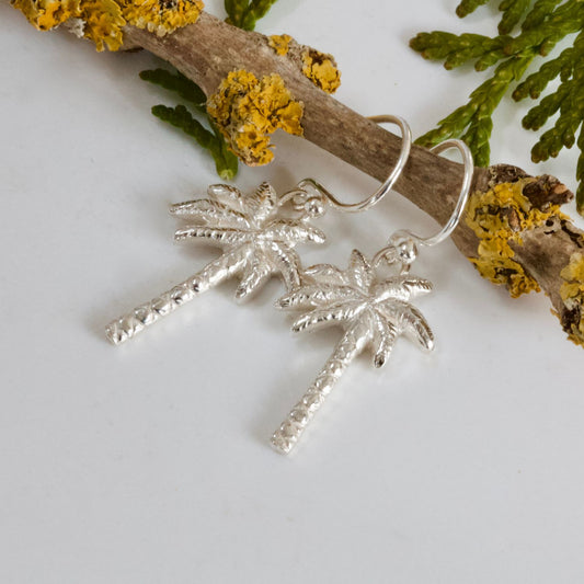 silver palm tree drop earrings