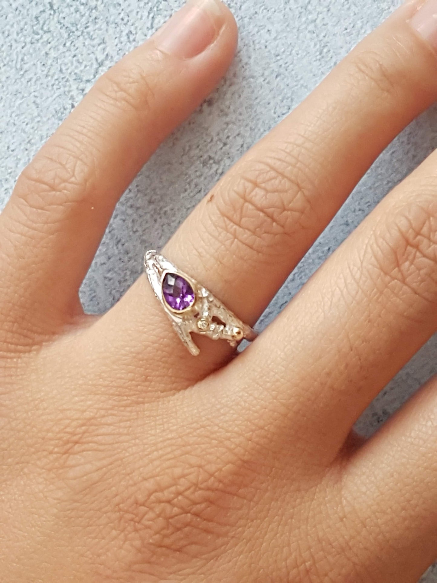 Elvish Twig Engagement Ring-Pear Shape Silver and Gold Engagement Ring
