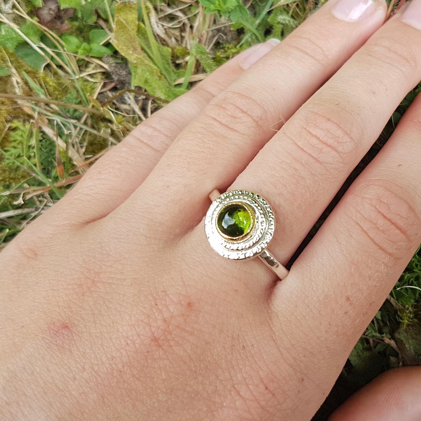 Handmade Tourmaline and Silver Ring-Forest Green-bohemian ring-circle infinity ring