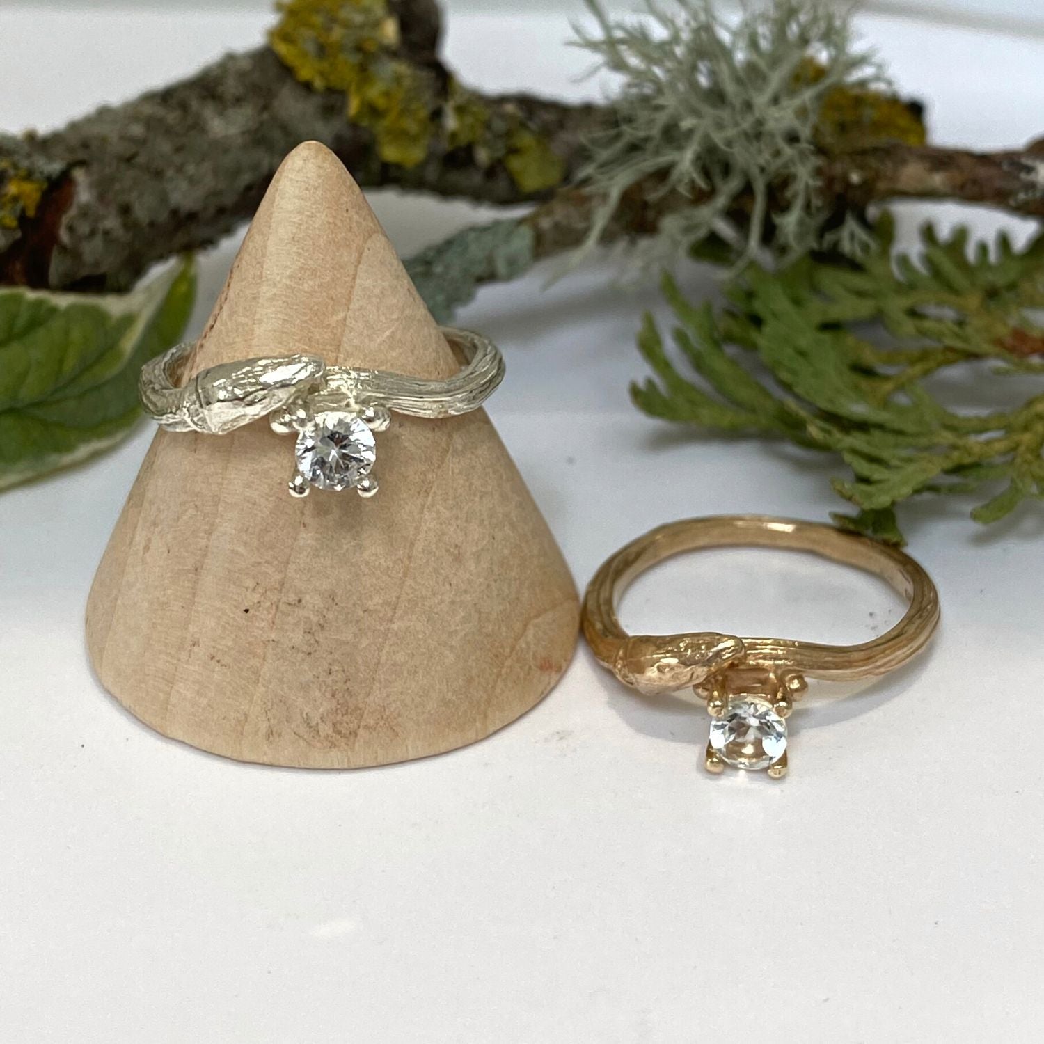 gold and sapphire willow twig rings