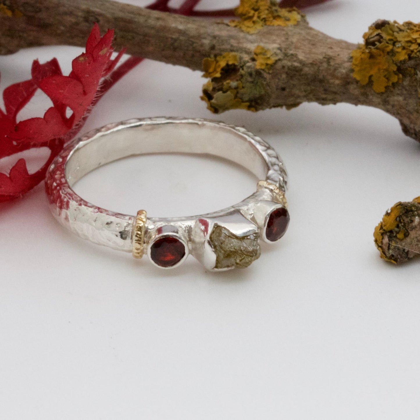 Raw Diamond and Garnet Earth Ring , Rustic Engagement Ring