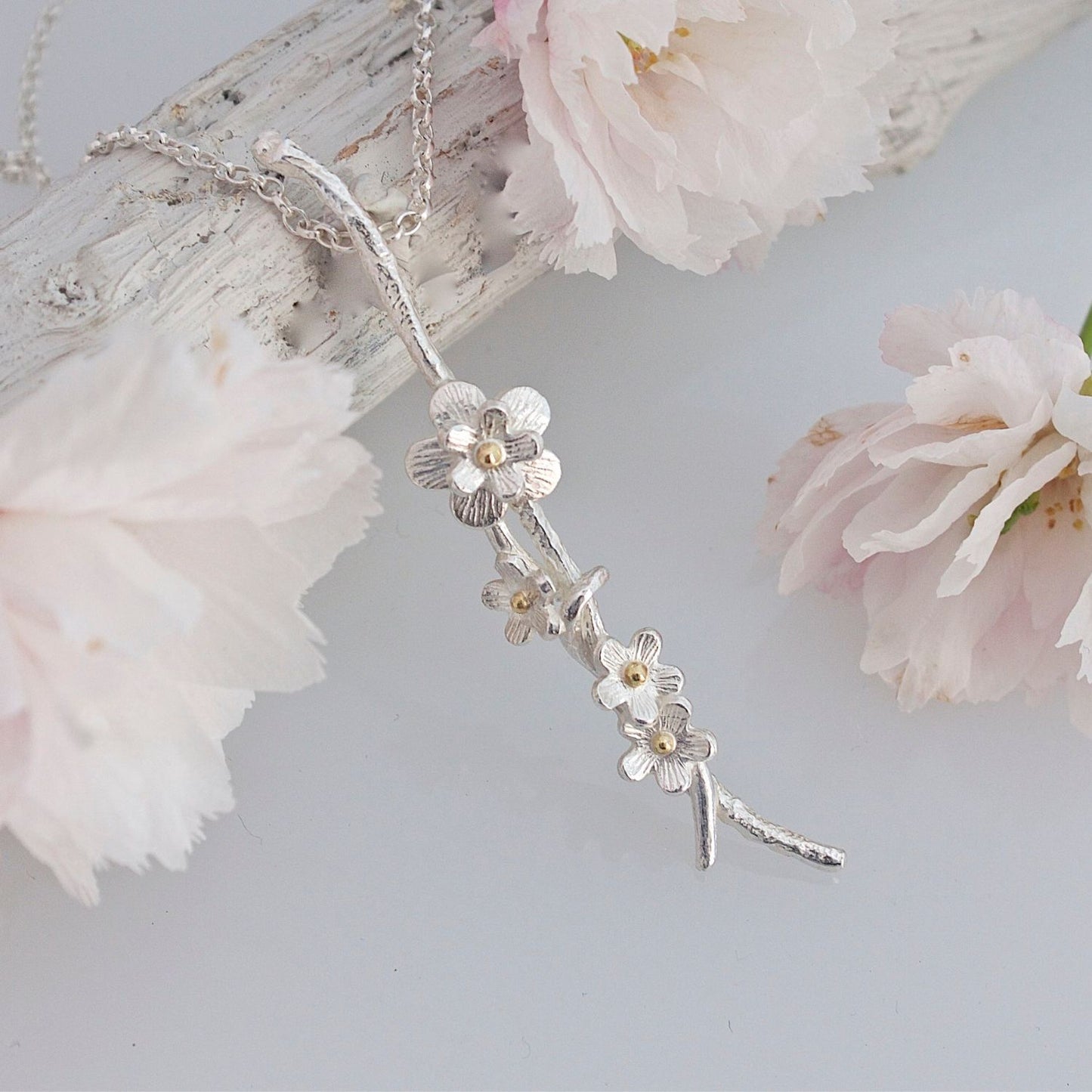 Cherry Blossom Necklace Oxidised Silver and Gold