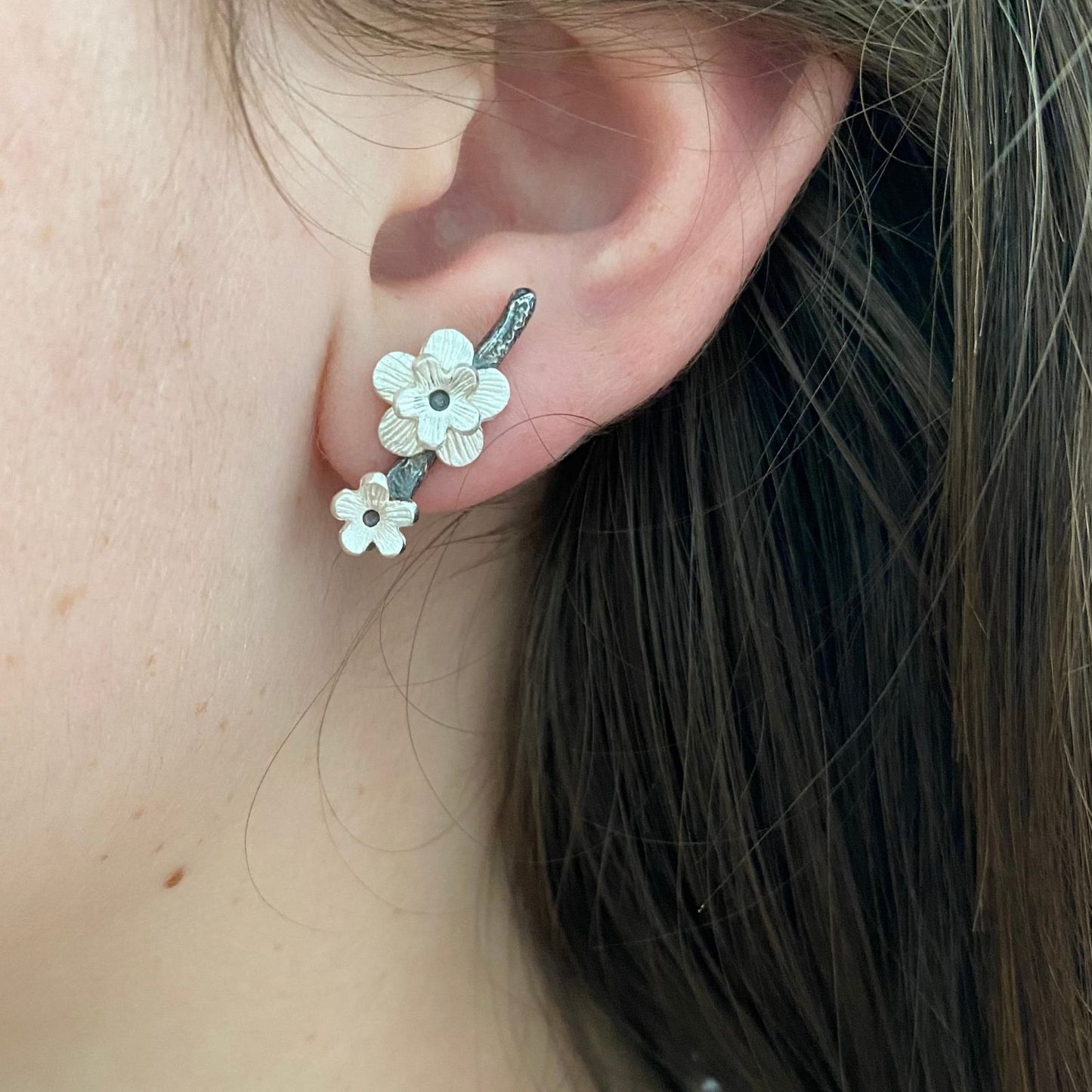 cherry blossom earrings silver and oxidised silver