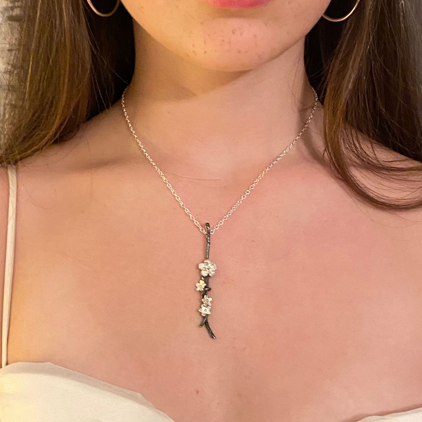 Cherry Blossom Necklace Oxidised Silver and Gold