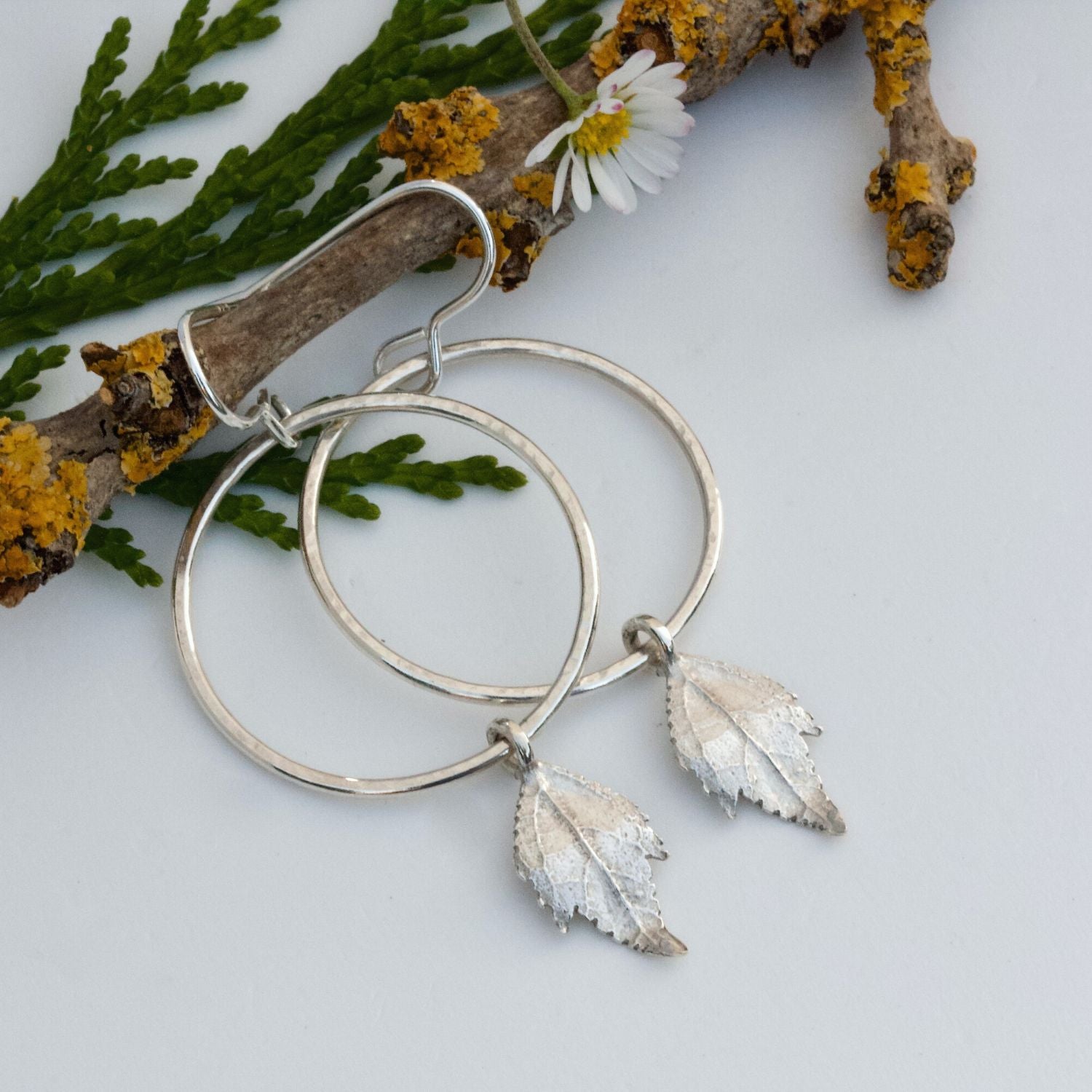 Boho Silver Hoop Earrings with a drop leaf dangle