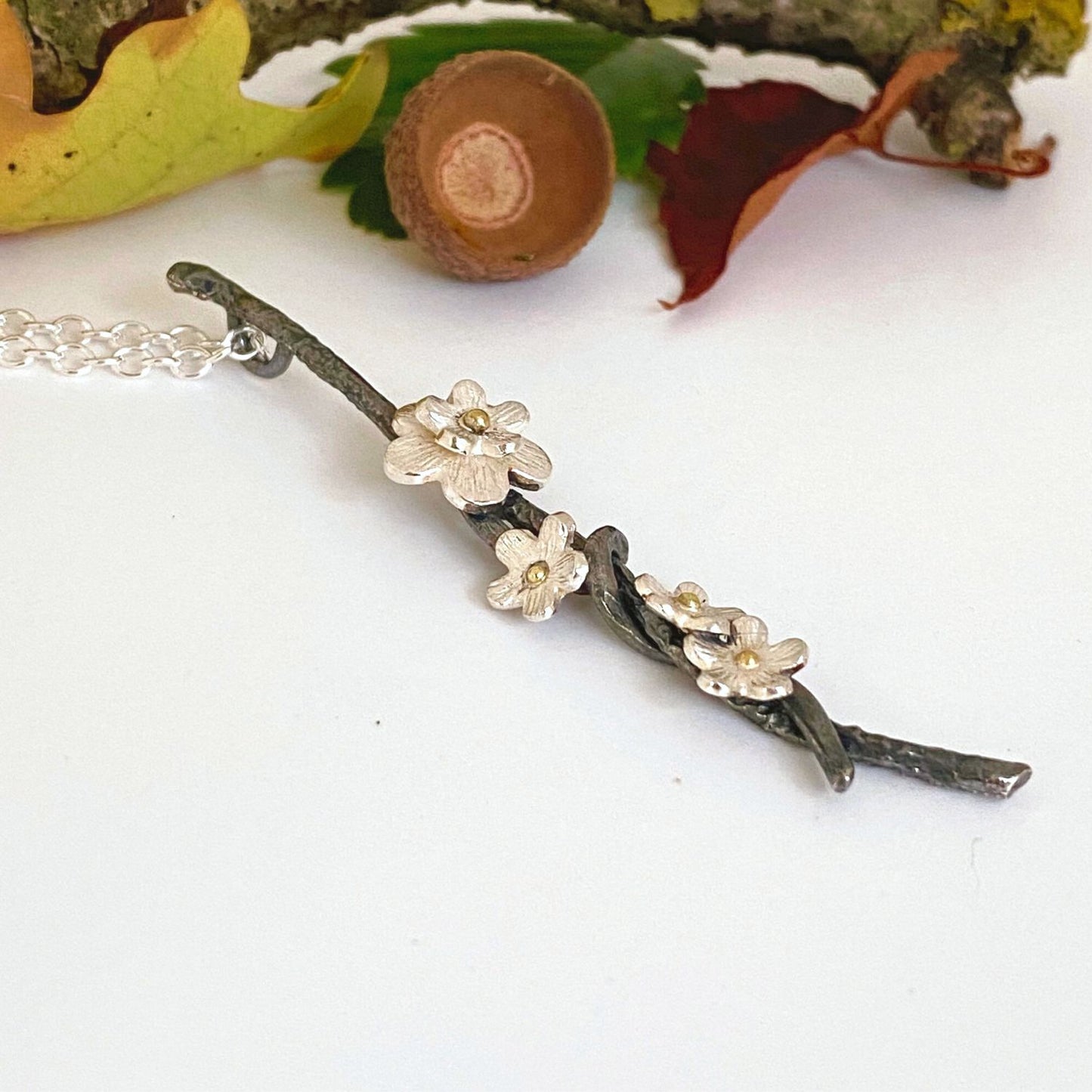 Cherry Blossom Necklace Oxidised Silver and Gold