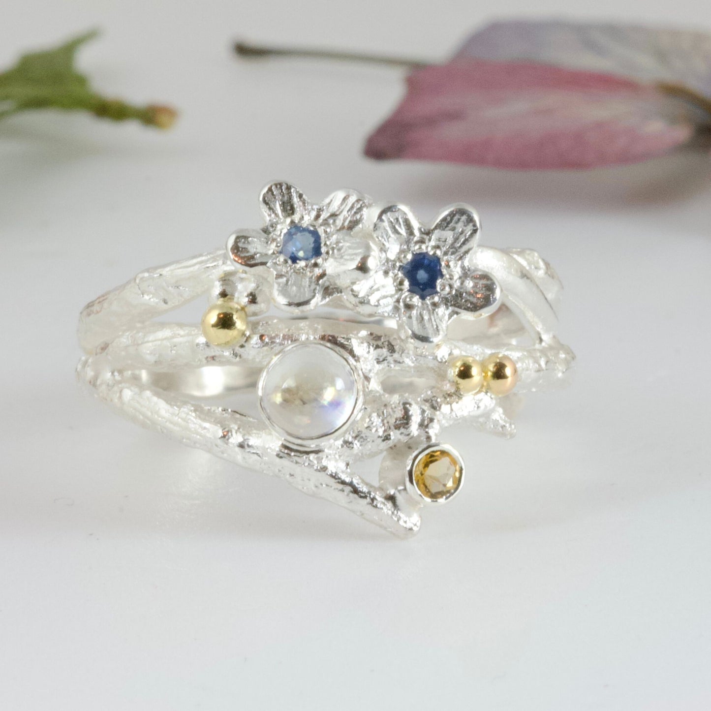 Enchanted Wood Forget Me Not Cluster Ring-Elvish Sapphire and Moonstone Ring