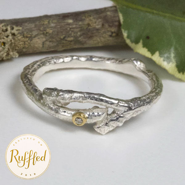 Diamond Twig Wedding Ring, Forked Silver Elvish Twig Ring, Alternative Wedding Ring