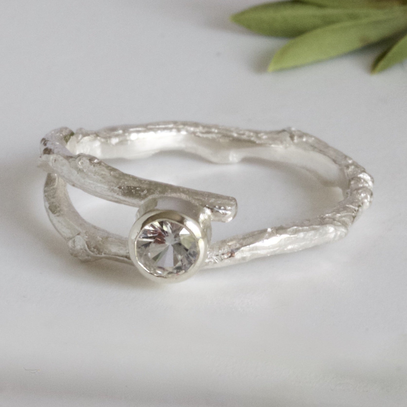 white sapphire twig ring