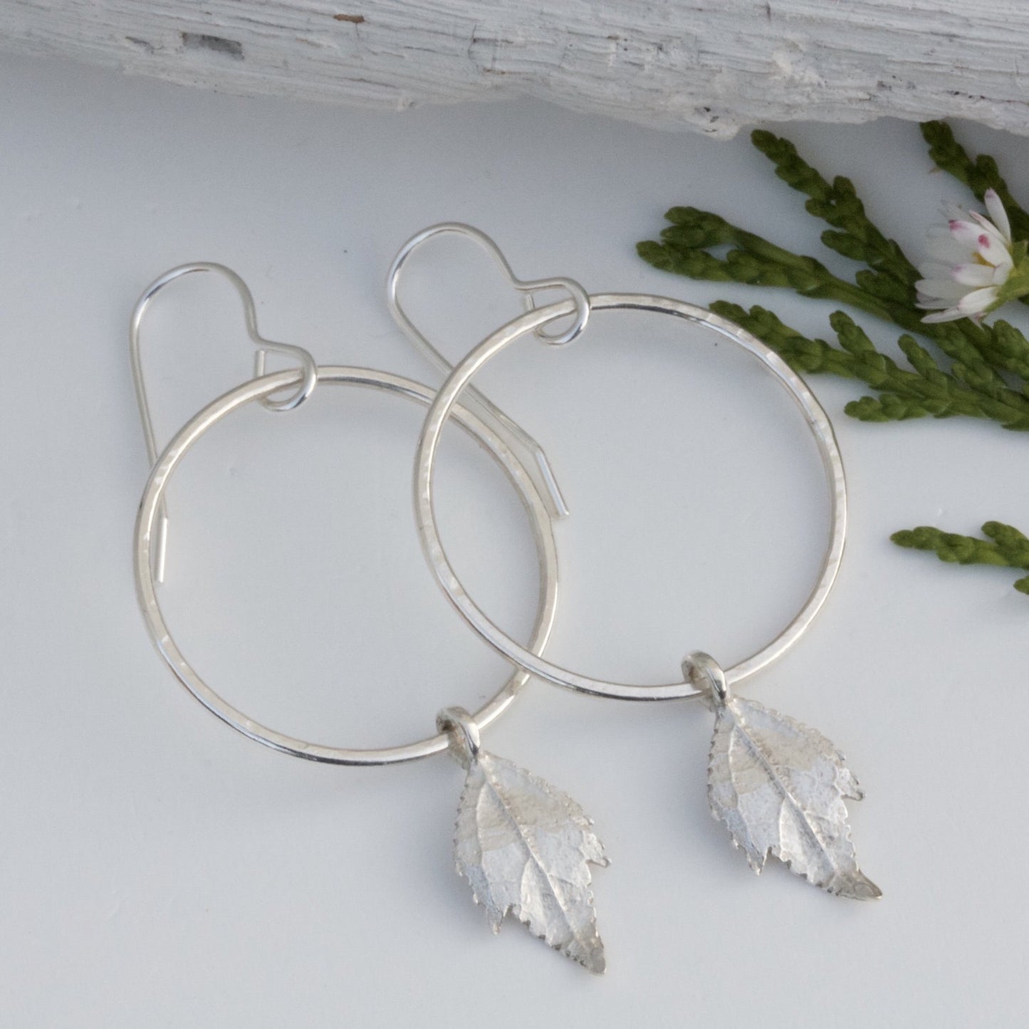 Silver Boho Hoop Earrings With Silver Leaves
