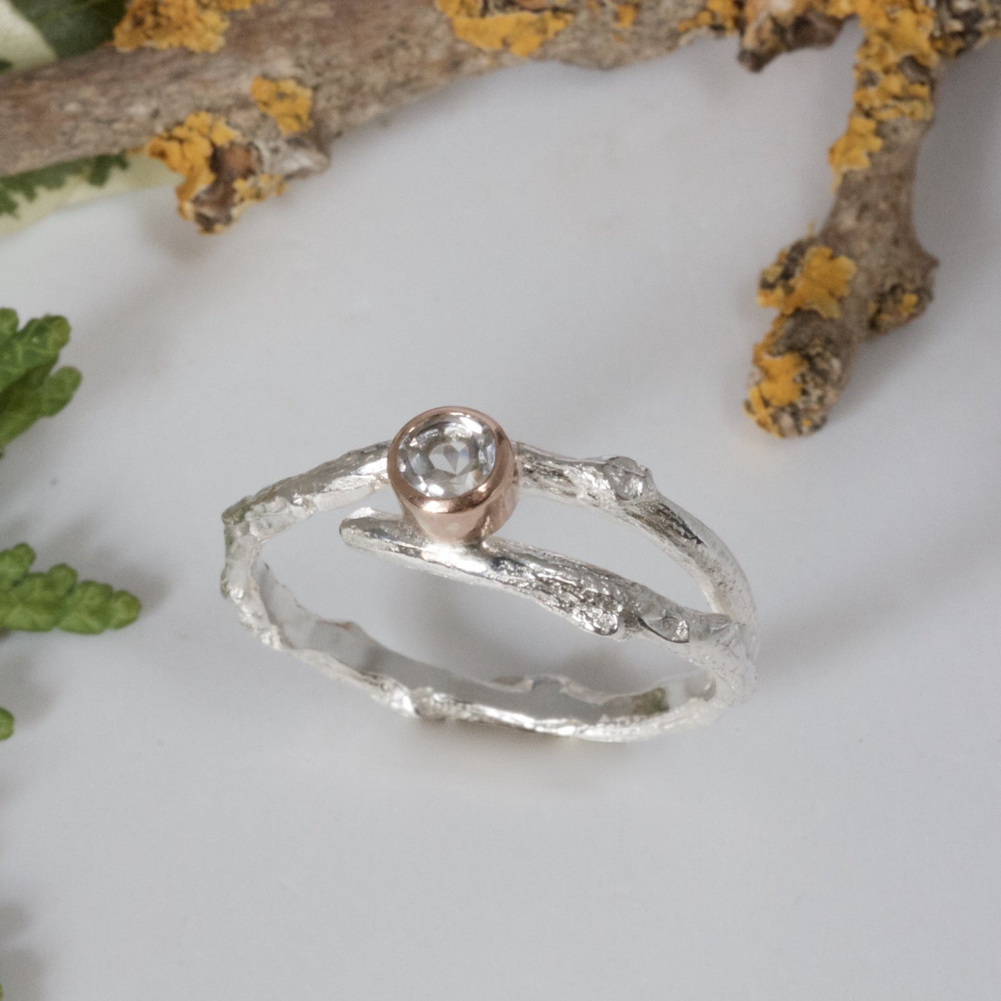 silver and rose gold woodland twig ring