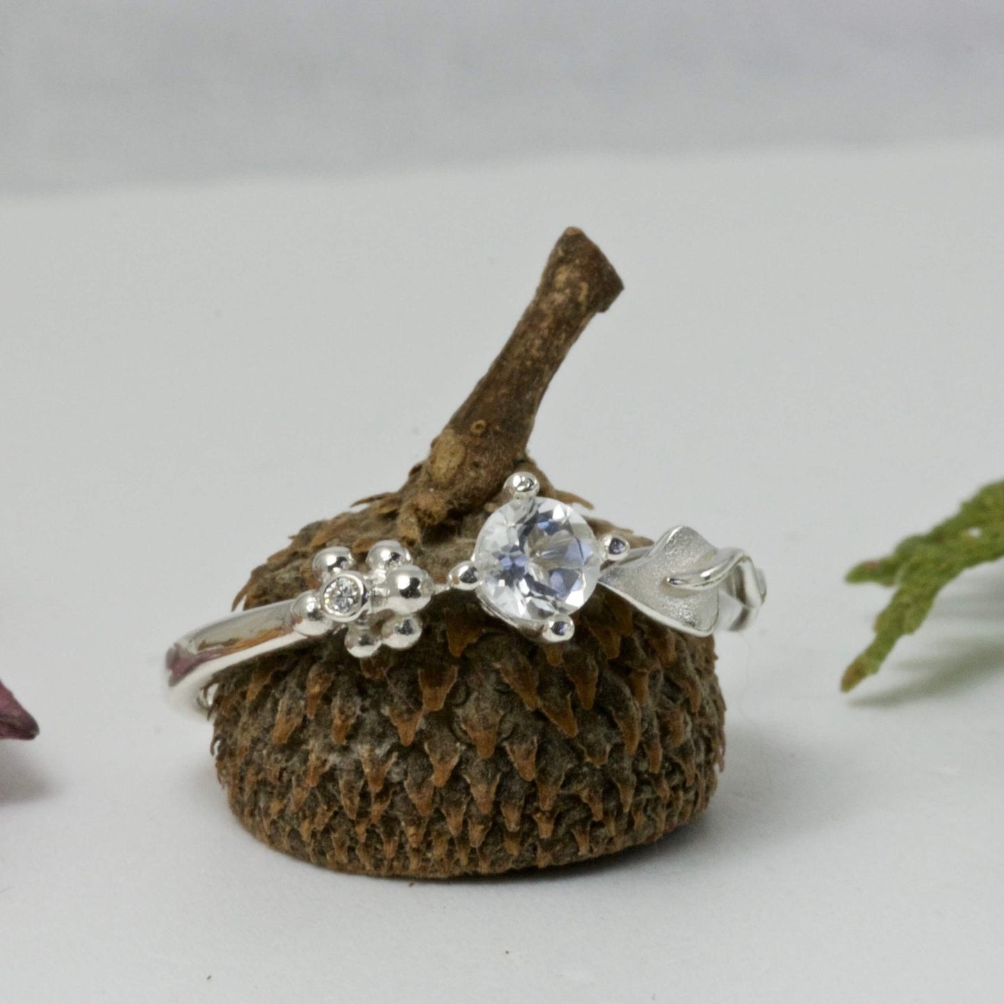 Ariel Leaf Ring silver, diamond and topaz