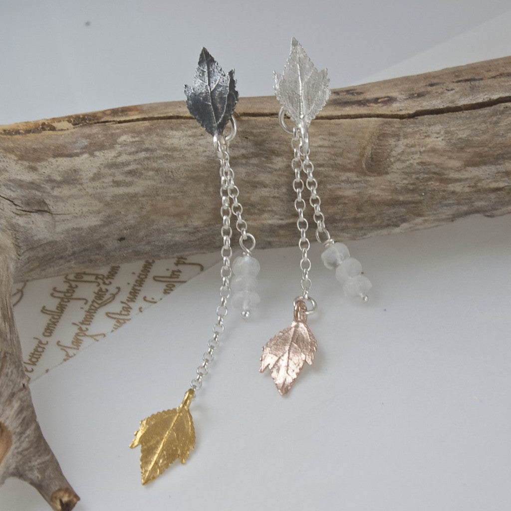 Tumbling Leaf Dangle Earrings, Asymetric, mixed metal earrings