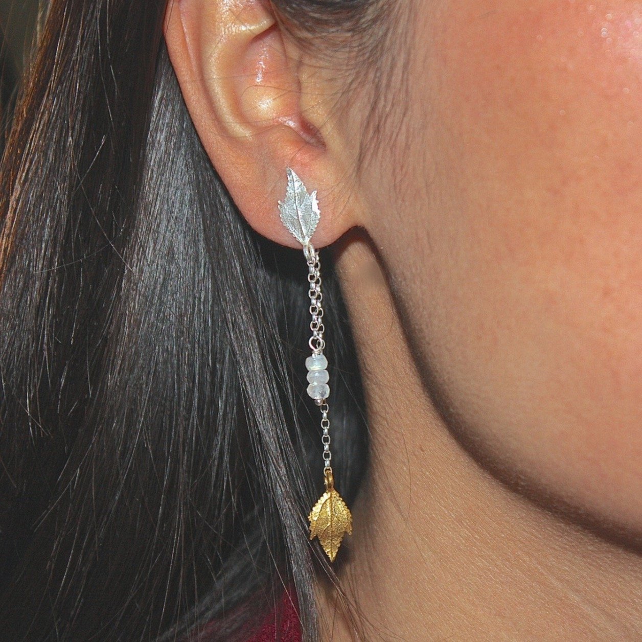 Tumbling Leaf Dangle Earrings, Asymetric, mixed metal earrings