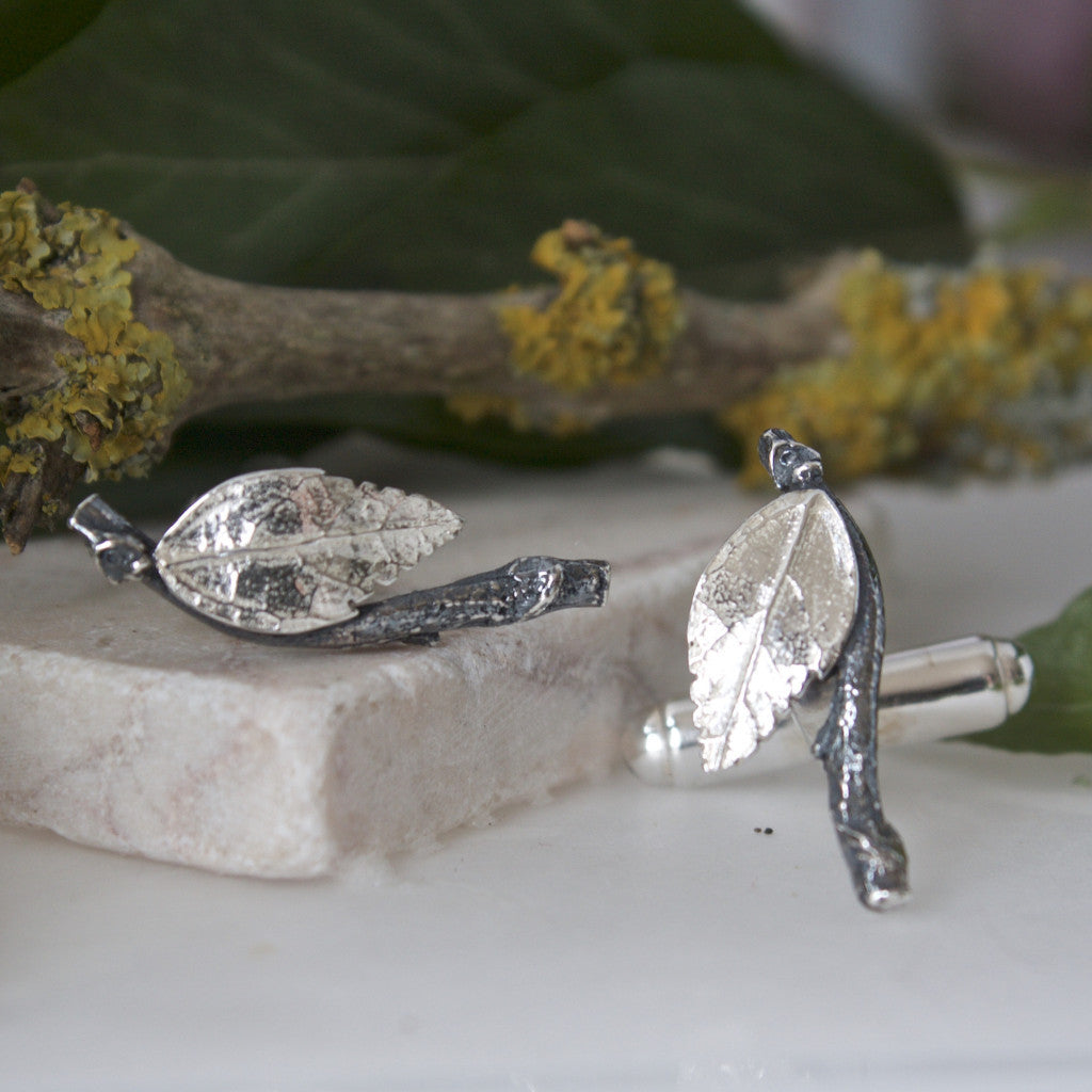 Silver Leaf Cufflinks, Gift for Men