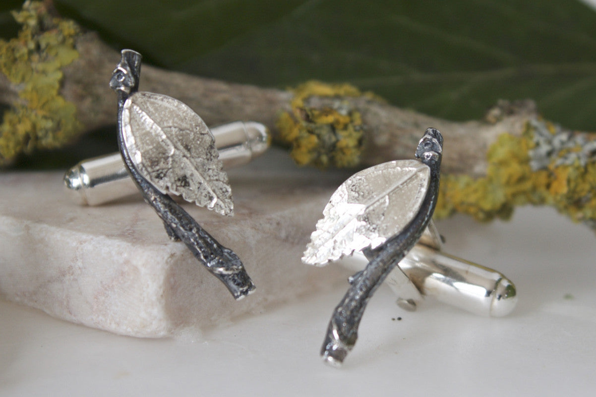 Silver Leaf Cufflinks, Gift for Men