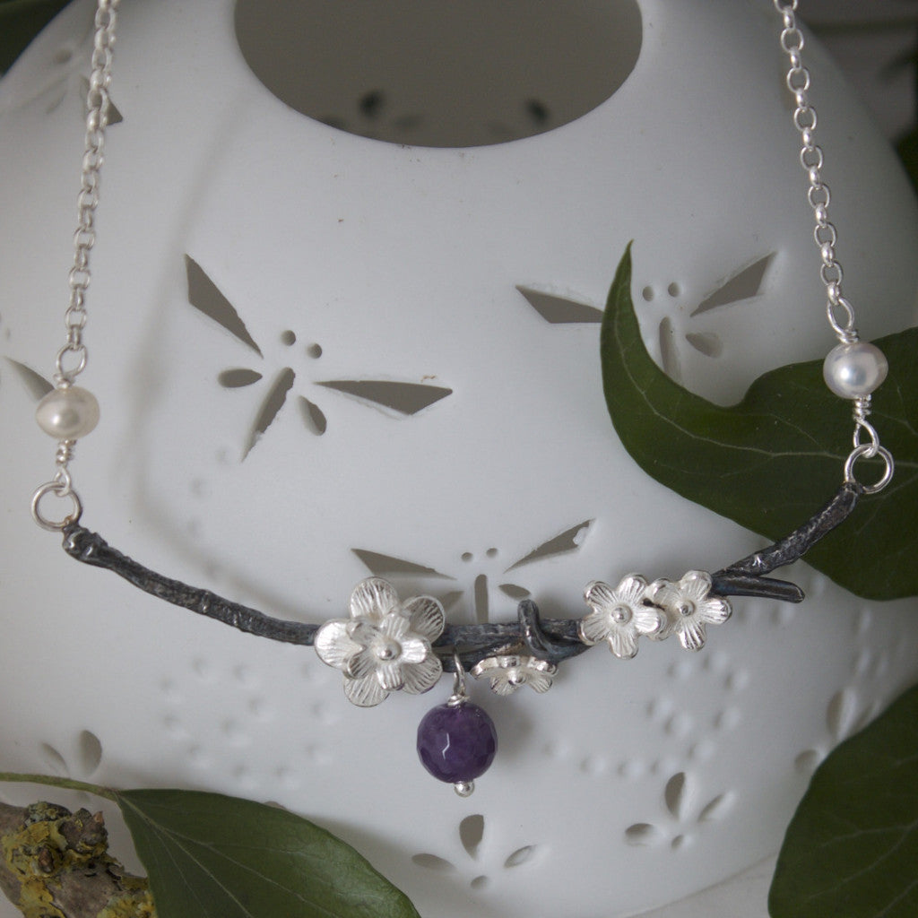 Black and Silver Cherry Blossom and  Amethyst Necklace, Flower Necklace, Woodland Necklace