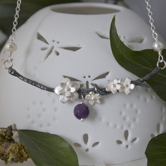 Black and Silver Cherry Blossom and  Amethyst Necklace, Flower Necklace, Woodland Necklace