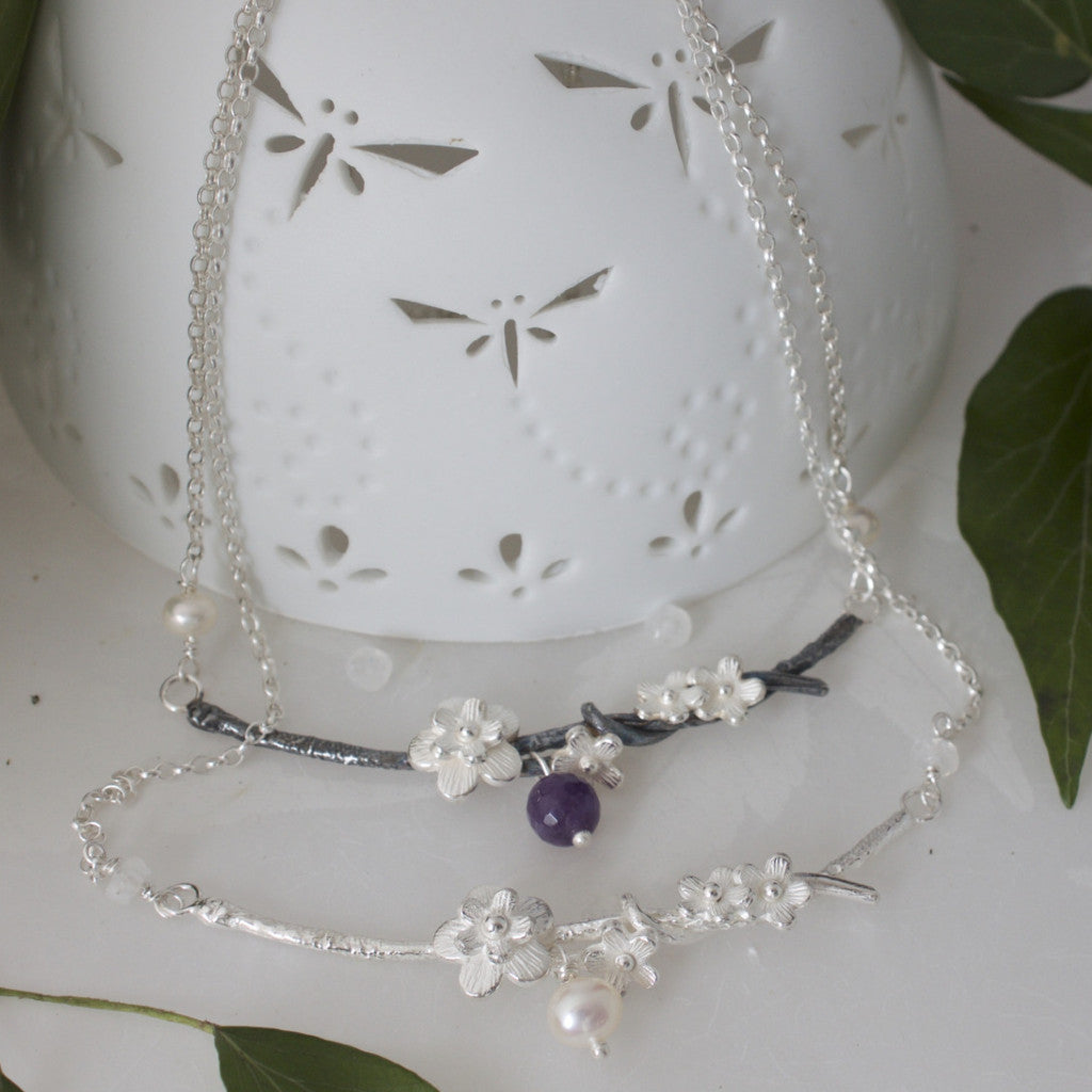 Black and Silver Cherry Blossom and  Amethyst Necklace, Flower Necklace, Woodland Necklace