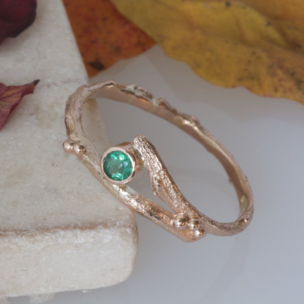 Rose Gold and Emerald Twig Engagement Ring-Rustic Wedding-May Birthstone-Unique Engagement Ring