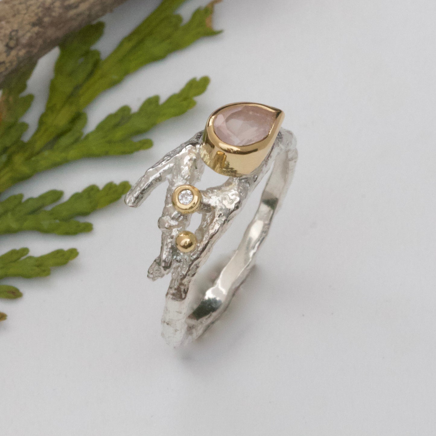 Elvish Twig Engagement Ring-Pear Shape Silver and Gold Engagement Ring