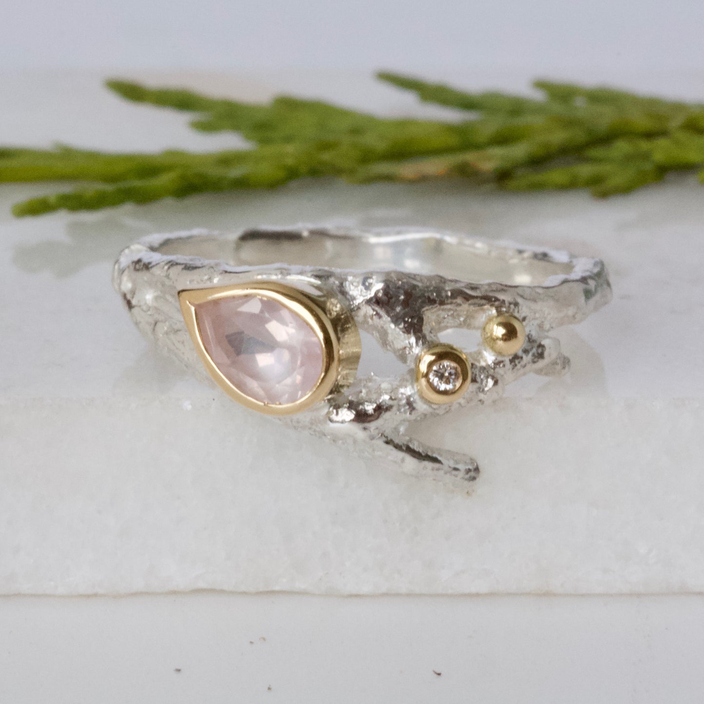 Elvish Twig Engagement Ring-Pear Shape Silver and Gold Engagement Ring