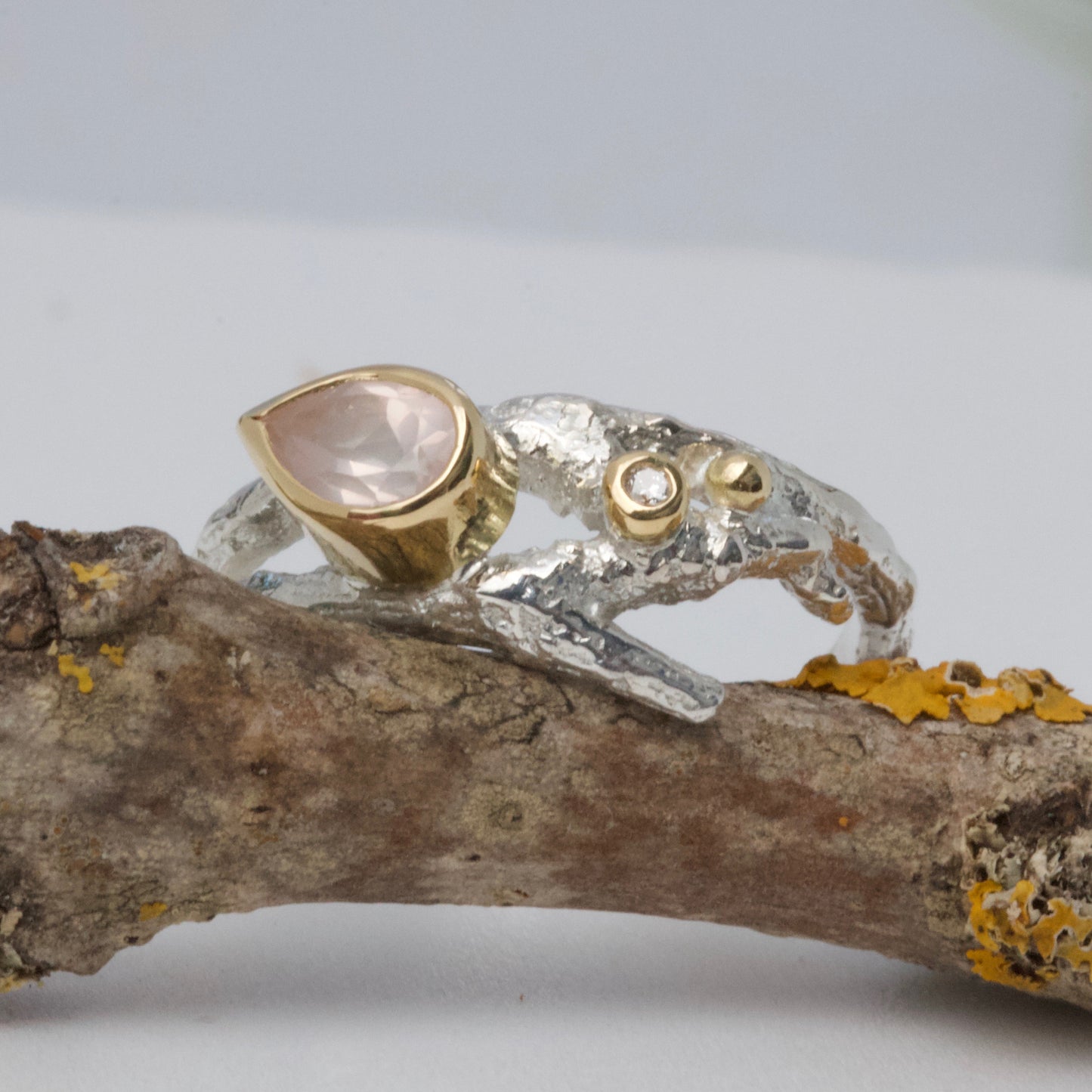 Elvish Twig Engagement Ring-Pear Shape Silver and Gold Engagement Ring