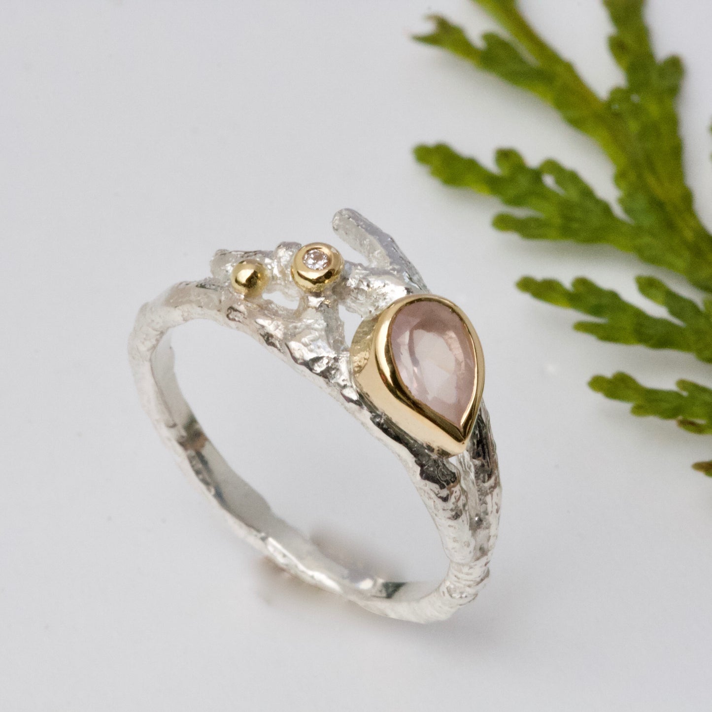 Elvish Twig Engagement Ring-Pear Shape Silver and Gold Engagement Ring