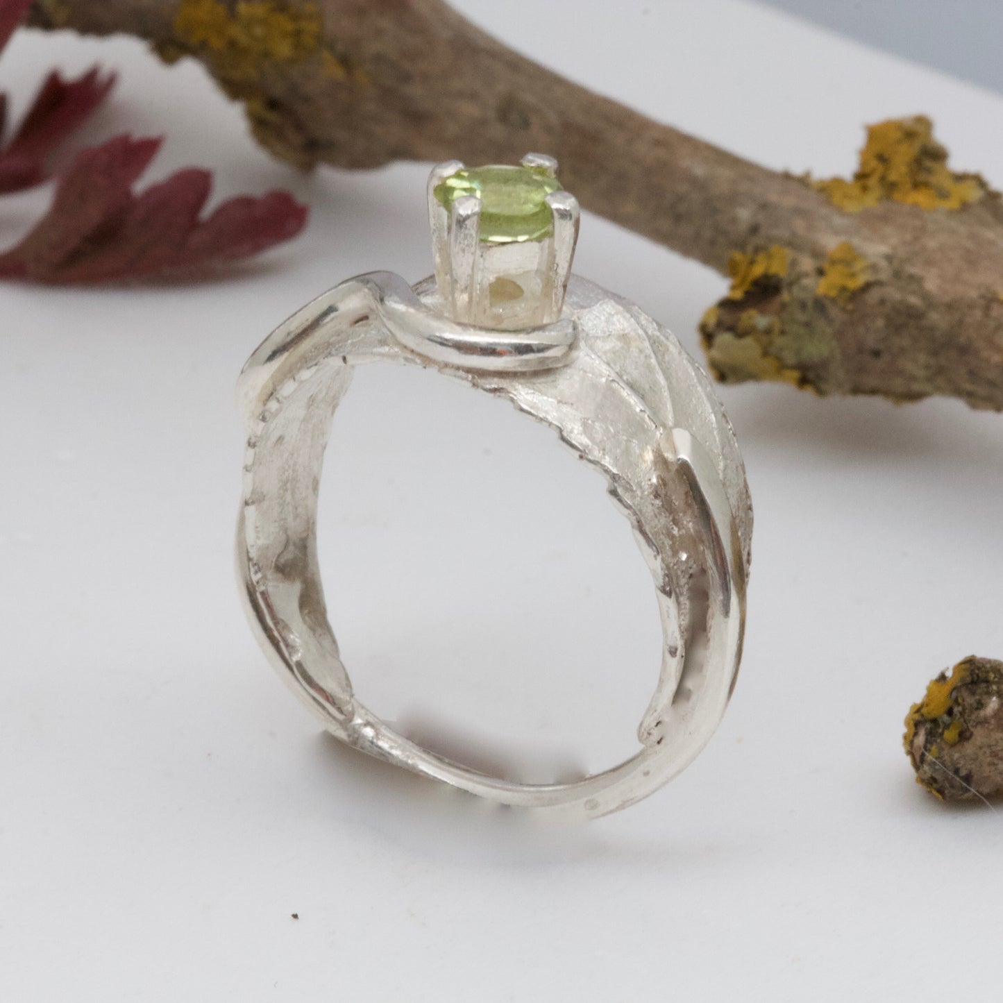 Silver Leaf Ring with Peridot