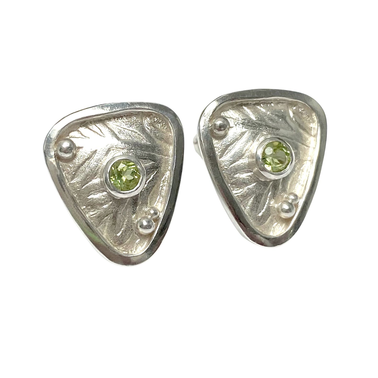silver peridot shield earrings