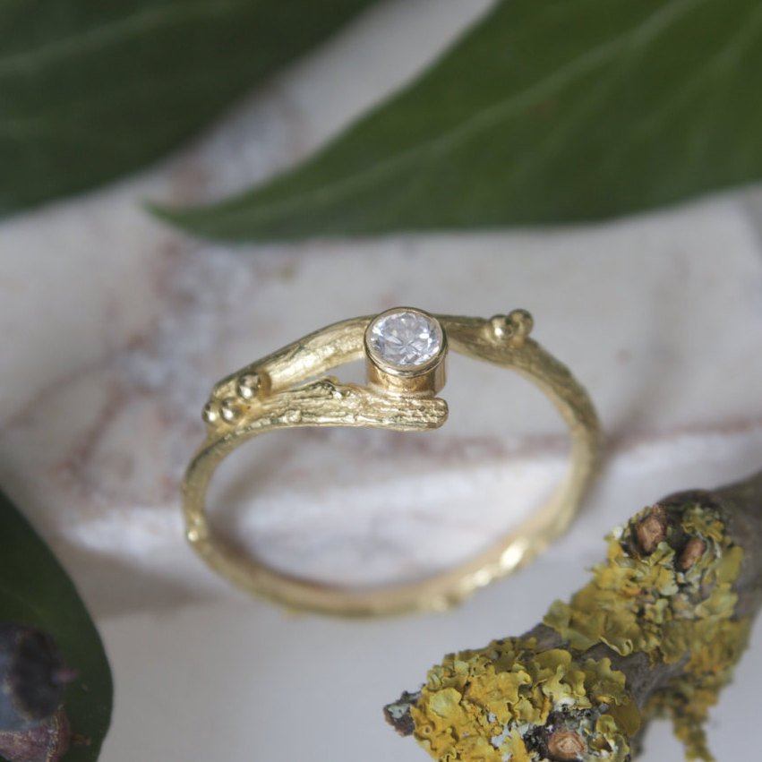 Gold and diamond engagement twig ring-woodland wedding-april birthstone-elvish engagement ring