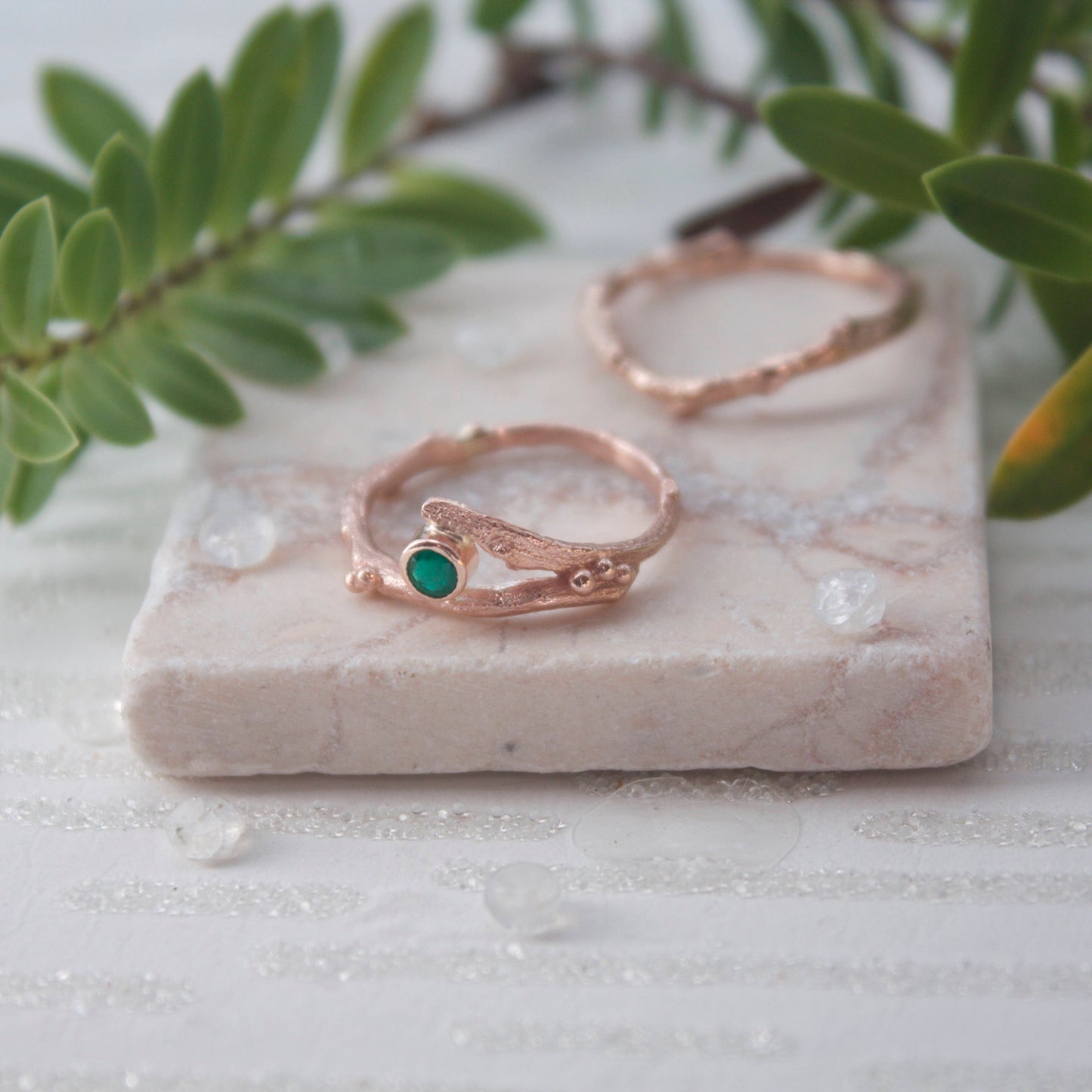 Rose Gold and Emerald Twig Engagement Ring-Rustic Wedding-May Birthstone-Unique Engagement Ring
