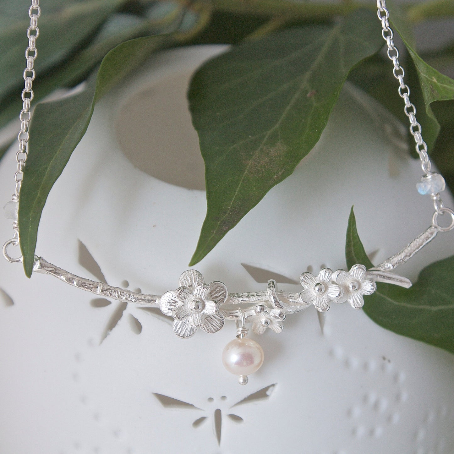 Cherry Blossom Necklace, Silver, Pearl and Moonstone Bridal Necklace