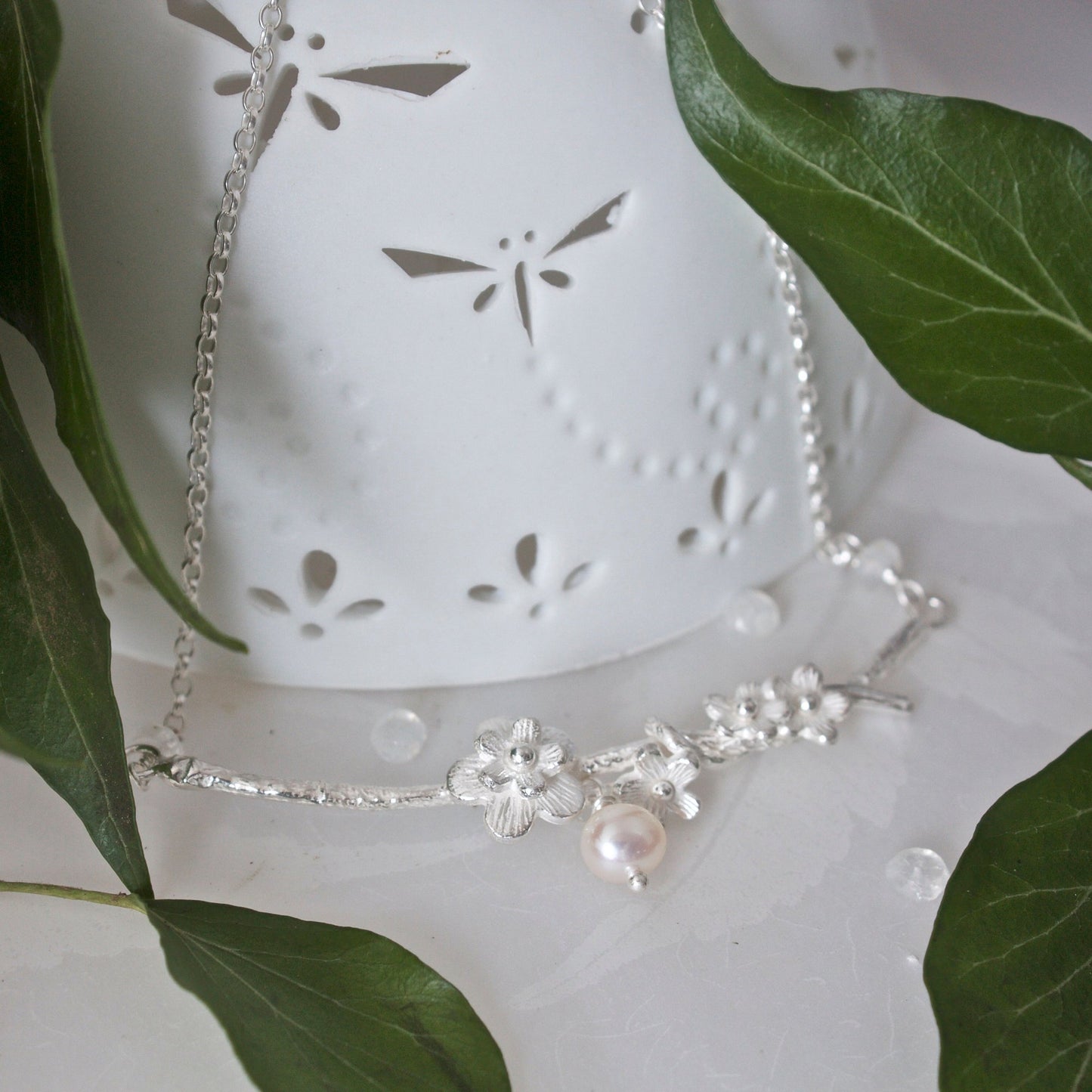 Cherry Blossom Necklace, Silver, Pearl and Moonstone Bridal Necklace