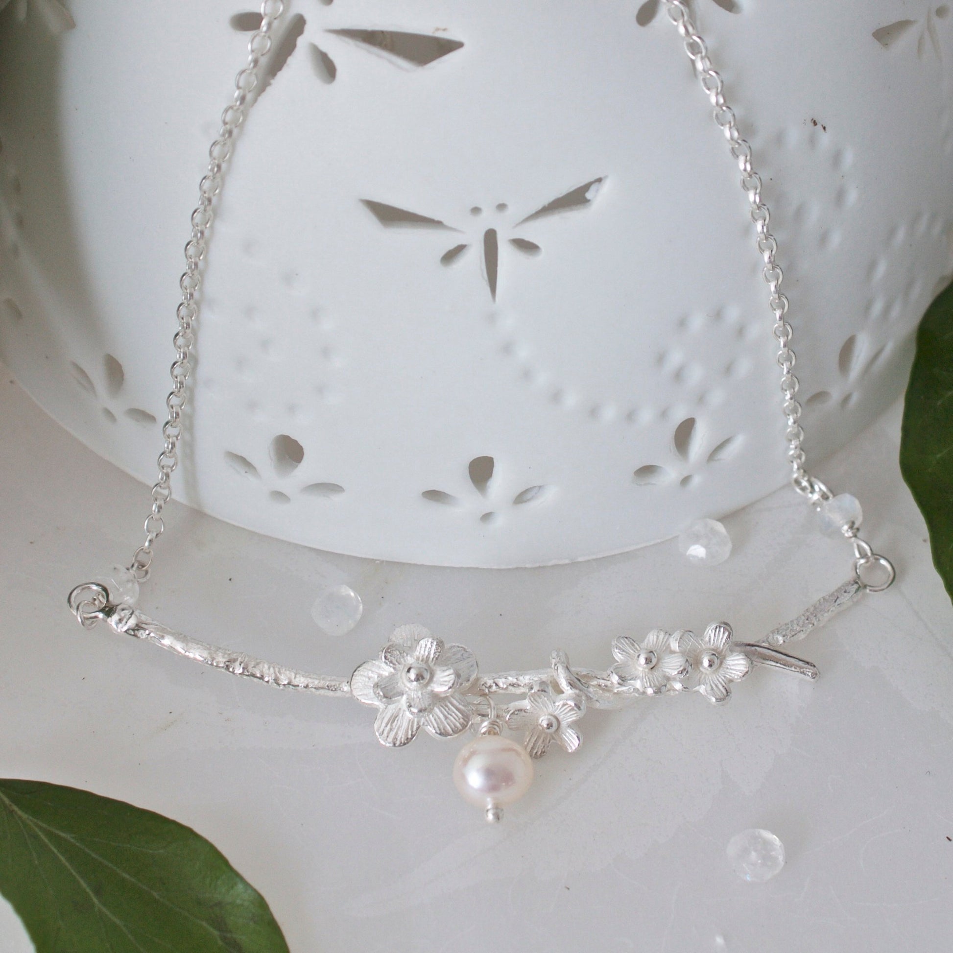 silver bridal necklace, silver and pearl cherry blossom necklace