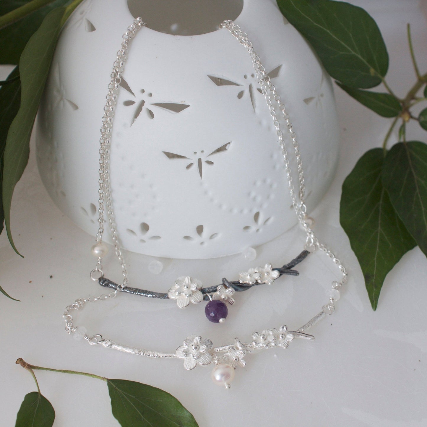 Cherry Blossom Necklace, Silver, Pearl and Moonstone Bridal Necklace