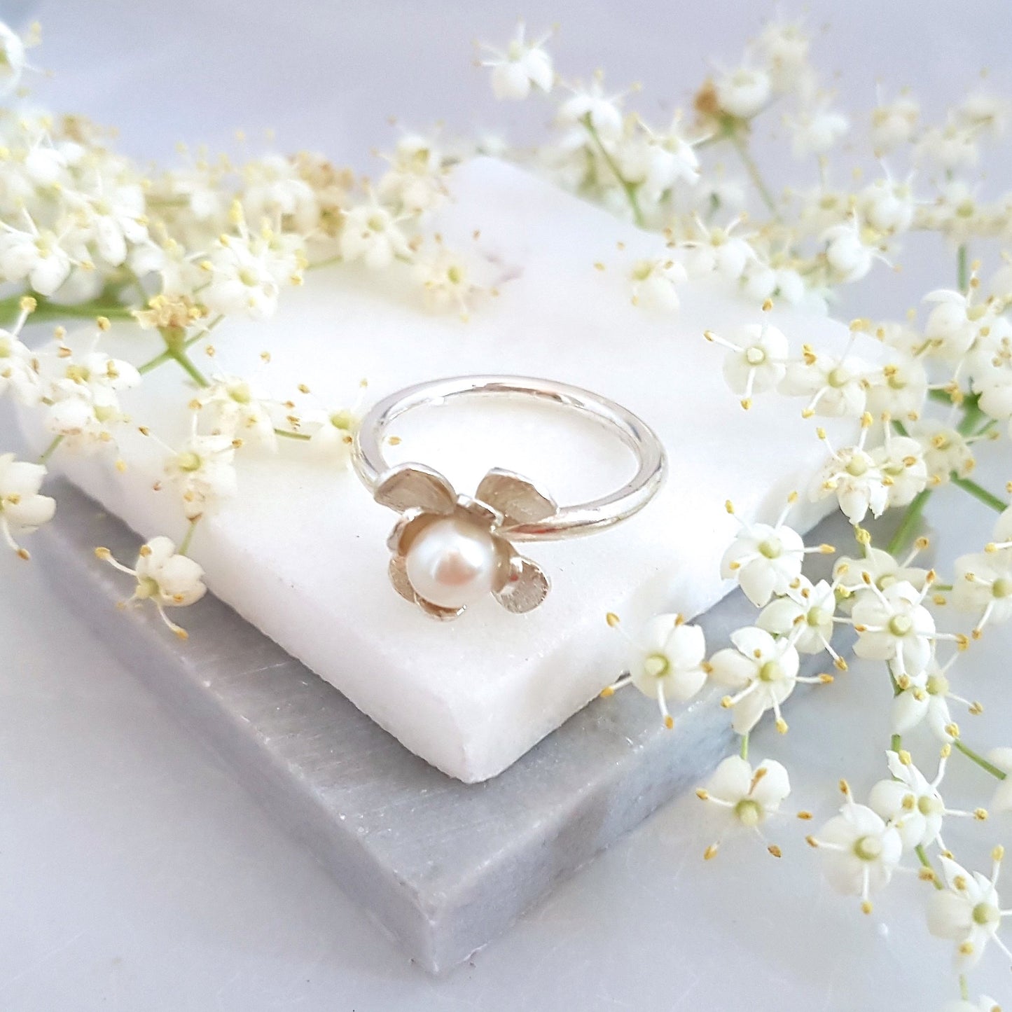 Pearl Flower Ring, Freshwater Pearl Ring, Pearl Botanical Ring, June Birthstone