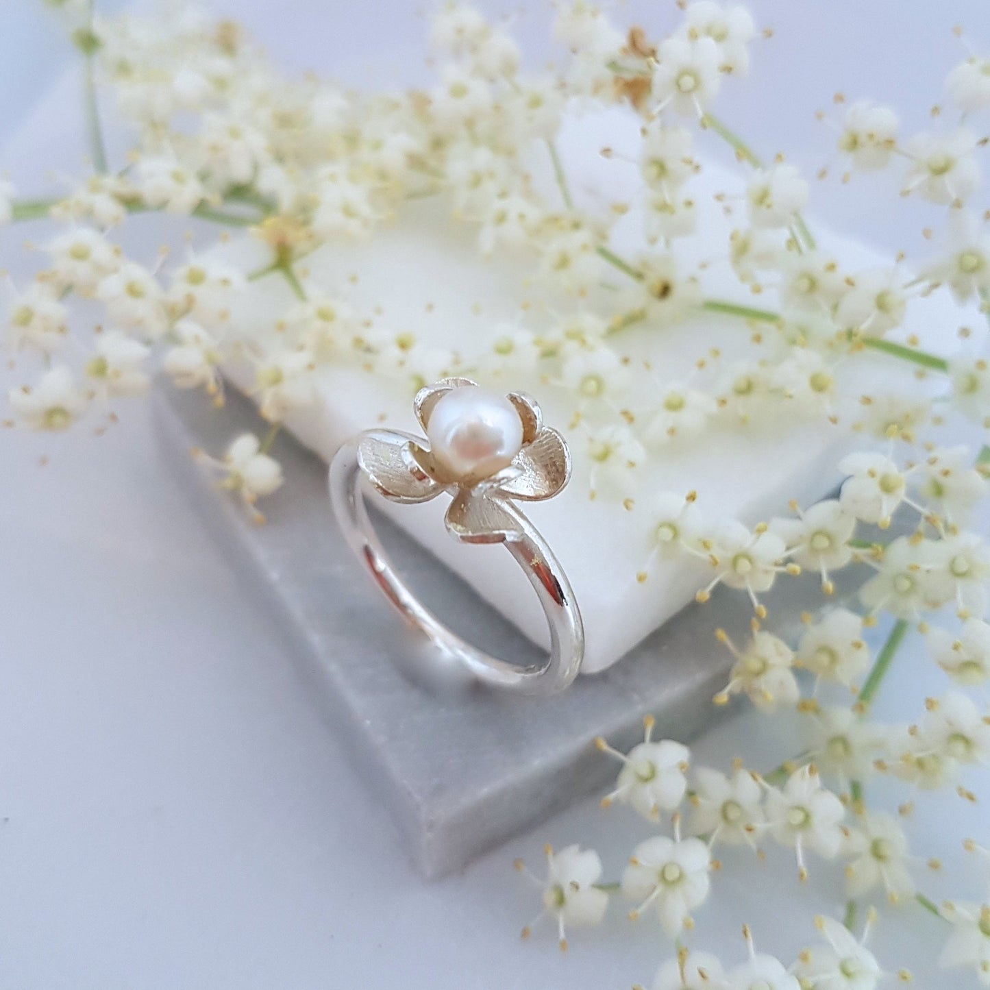 Pearl Flower Ring, Freshwater Pearl Ring, Pearl Botanical Ring, June Birthstone