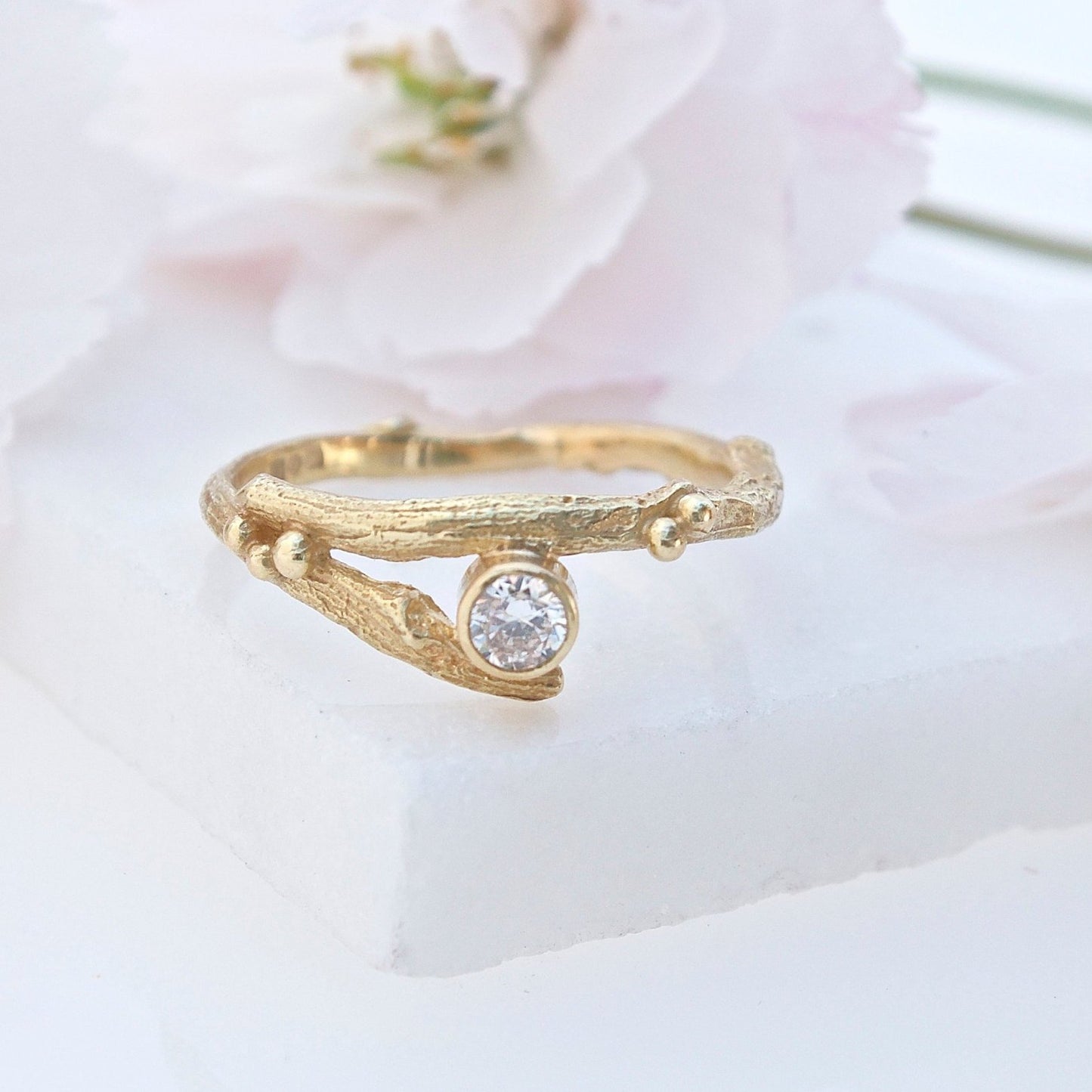 Gold and diamond engagement twig ring-woodland wedding-april birthstone-elvish engagement ring