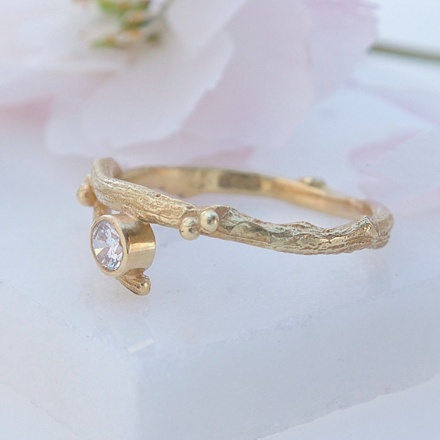 Gold and diamond engagement twig ring-woodland wedding-april birthstone-elvish engagement ring